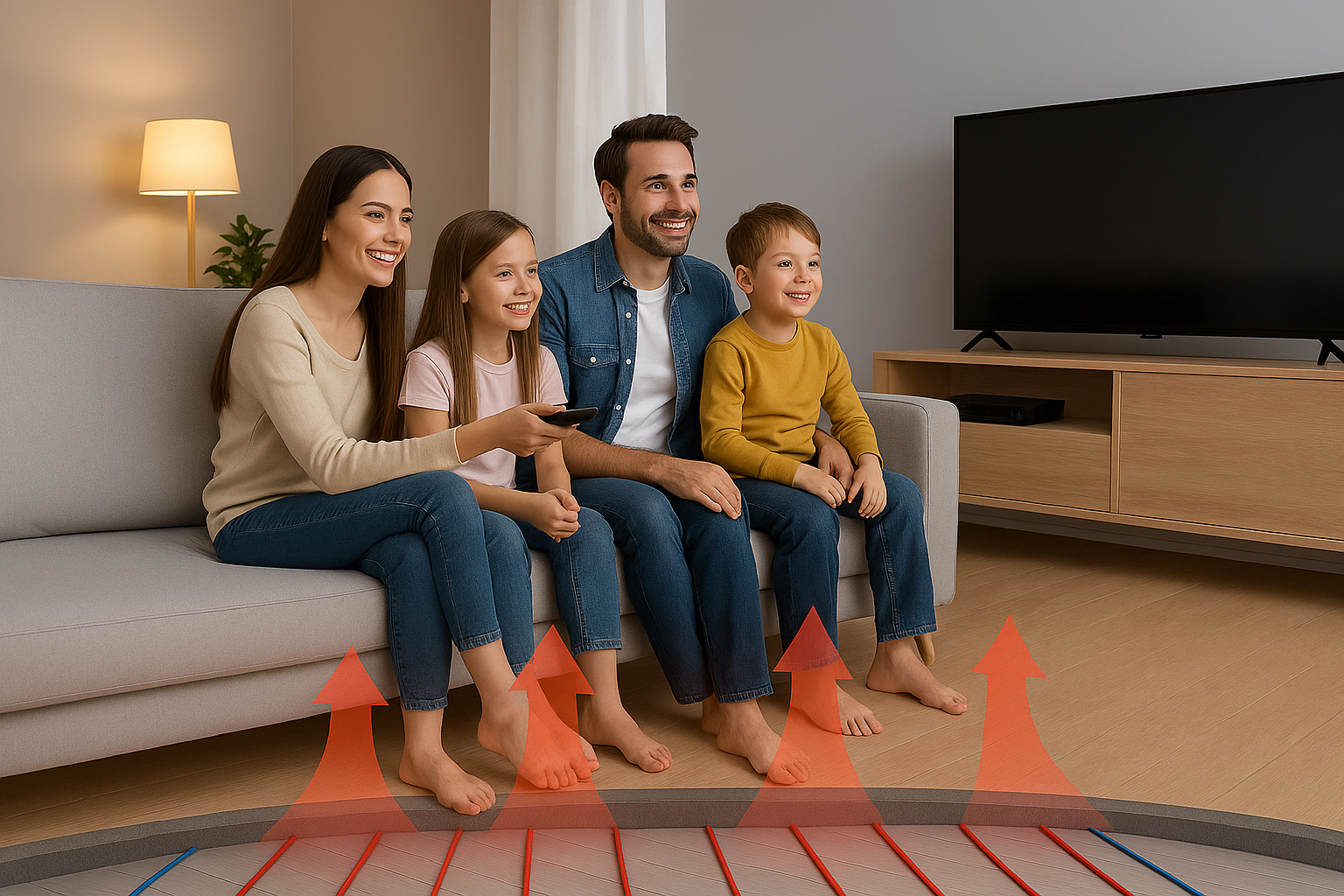 Família em sala com piso aquecido inteligente